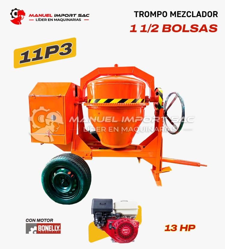 Trompo Mezclador 11P3 Motor Bonelly 13 HP Gasolinero