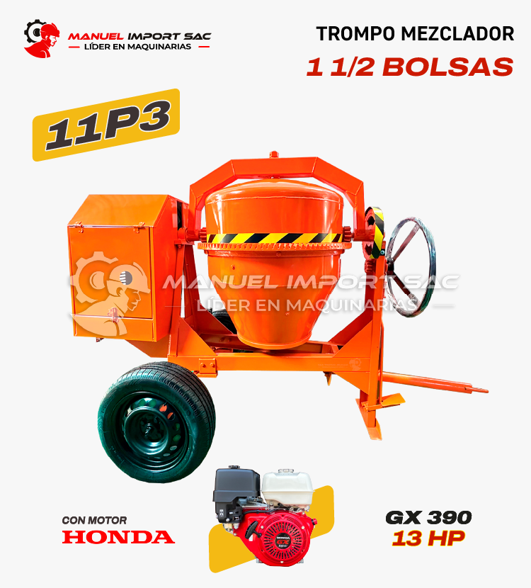 Trompo Mezclador 11P3 Motor Honda 13 HP Gasolinero