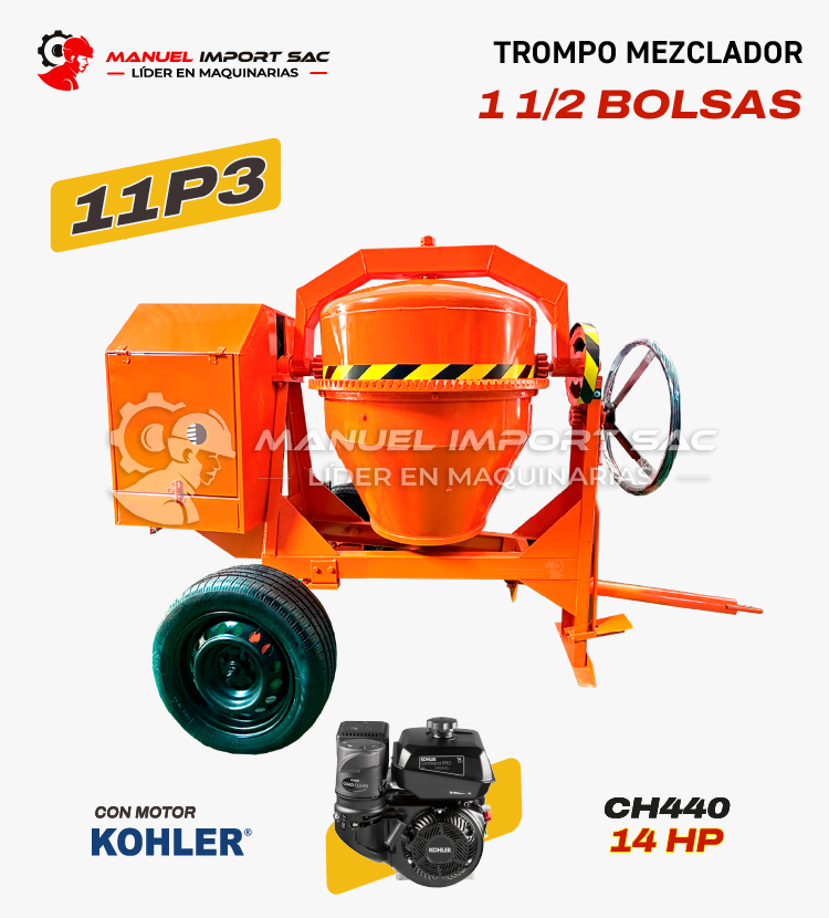 Trompo Mezclador 11P3 Motor Kohler 14 HP Gasolinero